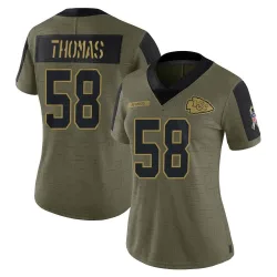 Women's Derrick Thomas Kansas City Chiefs No.58 Limited 2021 Salute To Service Jersey - Olive