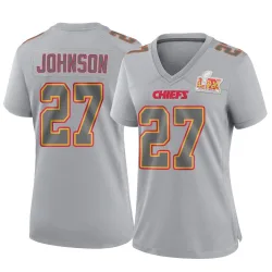 Women's Larry Johnson Kansas City Chiefs No.27 Game Atmosphere Fashion Super Bowl LIX Jersey - Gray