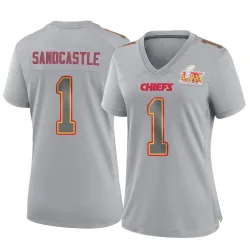 Women's Leon Sandcastle Kansas City Chiefs No.1 Game Atmosphere Fashion Super Bowl LIX Jersey - Gray