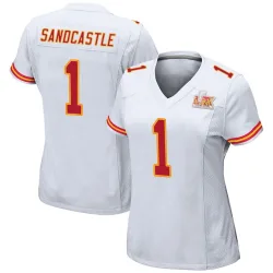 Women's Leon Sandcastle Kansas City Chiefs No.1 Game Super Bowl LIX Jersey - White