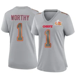 Women's Xavier Worthy Kansas City Chiefs No.1 Game Atmosphere Fashion Super Bowl LIX Jersey - Gray